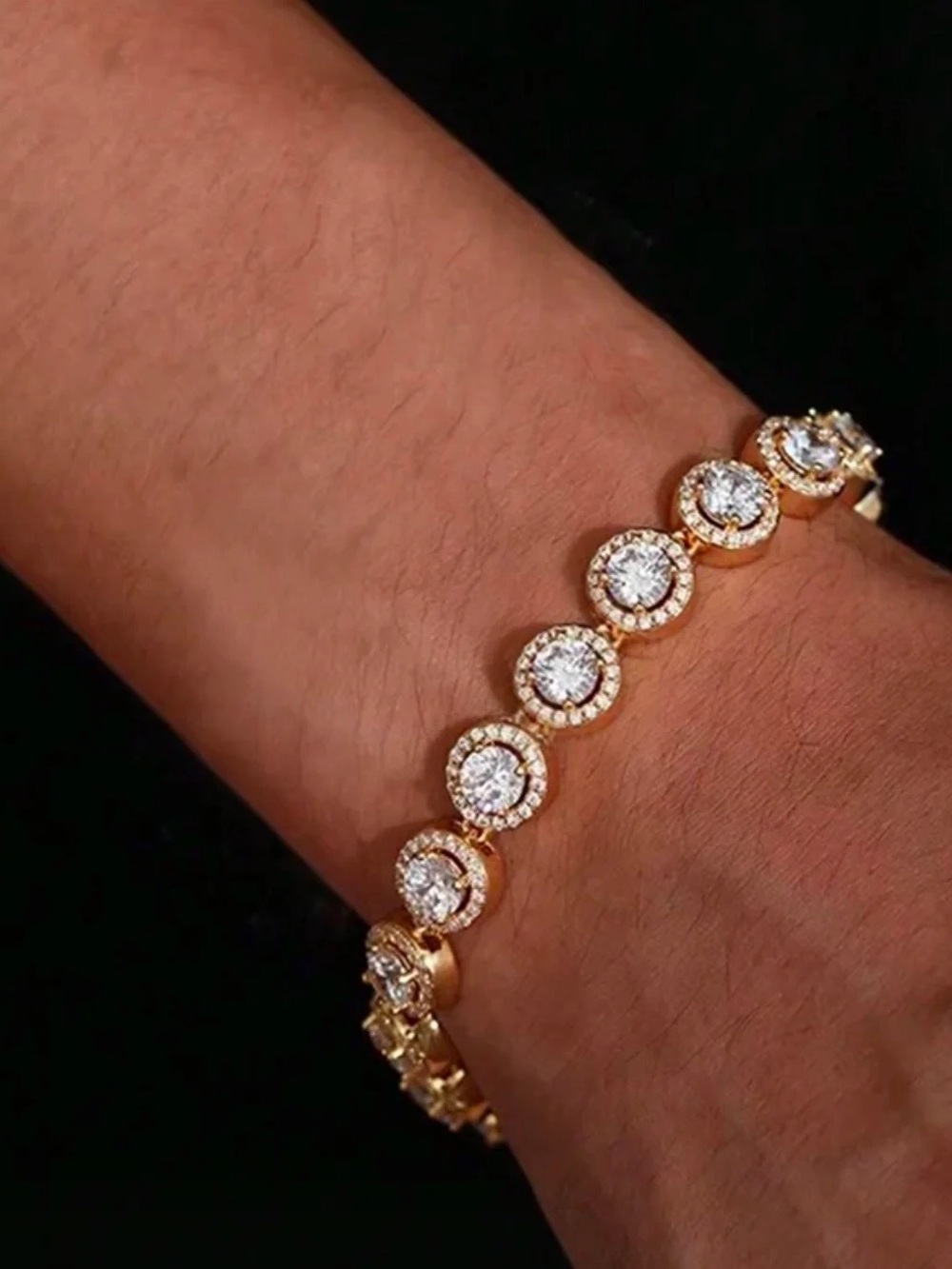 Gold Iced Out Hip Hop Trendy Round Rhinestone Diamond Tennis Bracelet